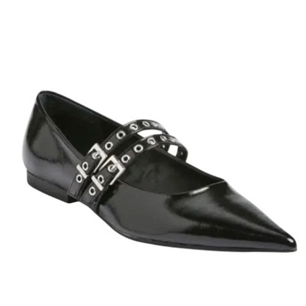 Open Edit Black Patent Pointed Toe Mary Jane Flats Double Grommet Buckle Straps